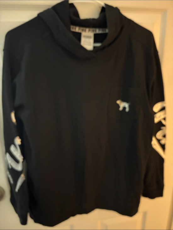 PINK Victoria's Secret Tops - PINK Victoria's Secret thin Black Hooded Sweatshirt with Pocket Logo